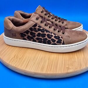 Born Shoes Women Brown Leopard Print Leather Suede Lace Up Sneakers‎ Size 6.5